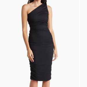 Navy One shoulder body con midi dress